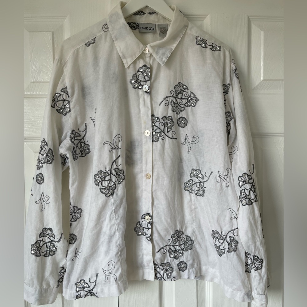 Vintage Chico's White Linen Shirt Grey Silver Flower Embroidery Sequins Size XL